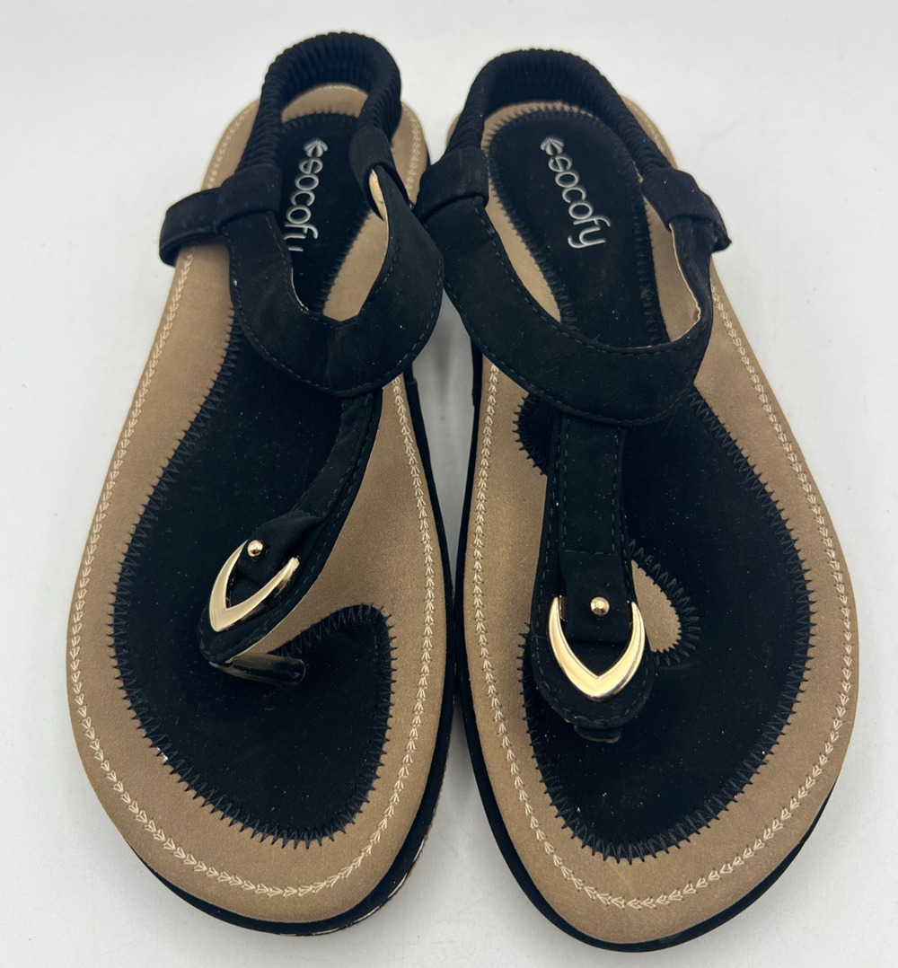 Socofy Womens Black Thong Slingback Comfort Sandals Gold Accent Size US 7.5